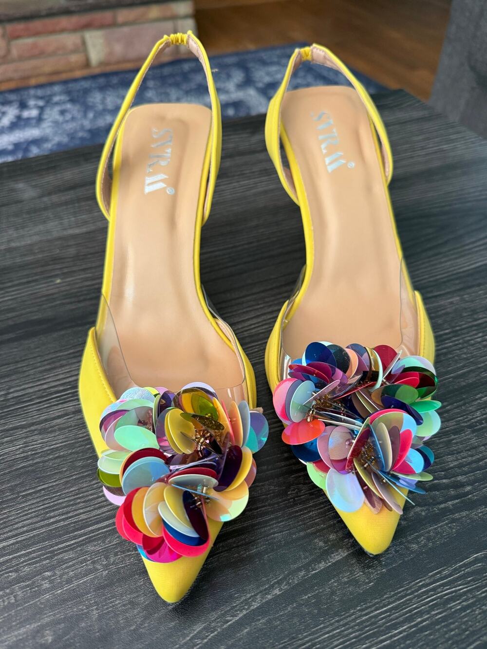 Floral Sequin Bright Yellow Slingback Stiletto Heels, Pointed Toe Party Sz. 42